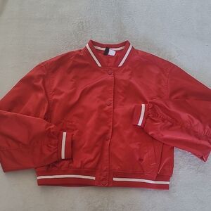 H&M Red Cropped Bomber Jacket Womens S Varsity Aesthetic Y2K Lightweight Trendy